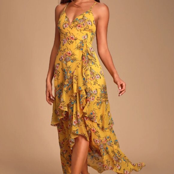 Albina Mustard Yellow Floral Print Ruffled Maxi Dress Lulus - Picture 3 of 3